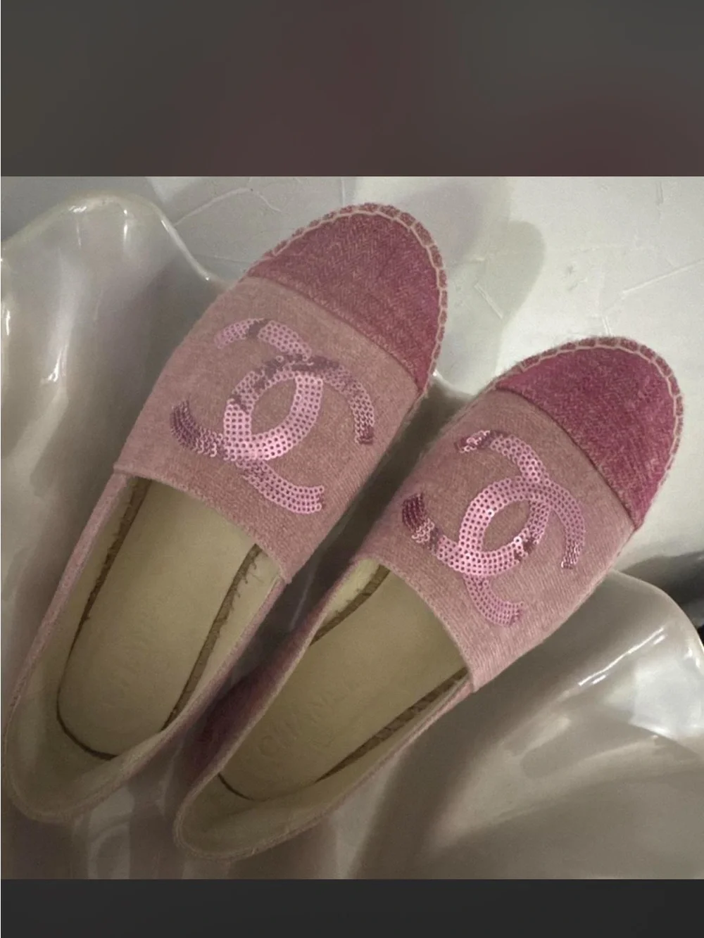 CHANEL Pink Sequin CC Espadrille Flats